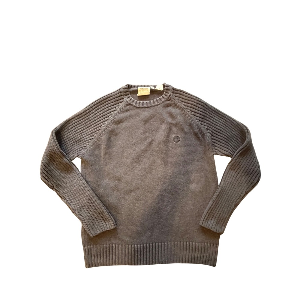 Timberland Mens‎ Medium Brown Cotton Knit Raglan Ribbed Crew Neck Sweater
